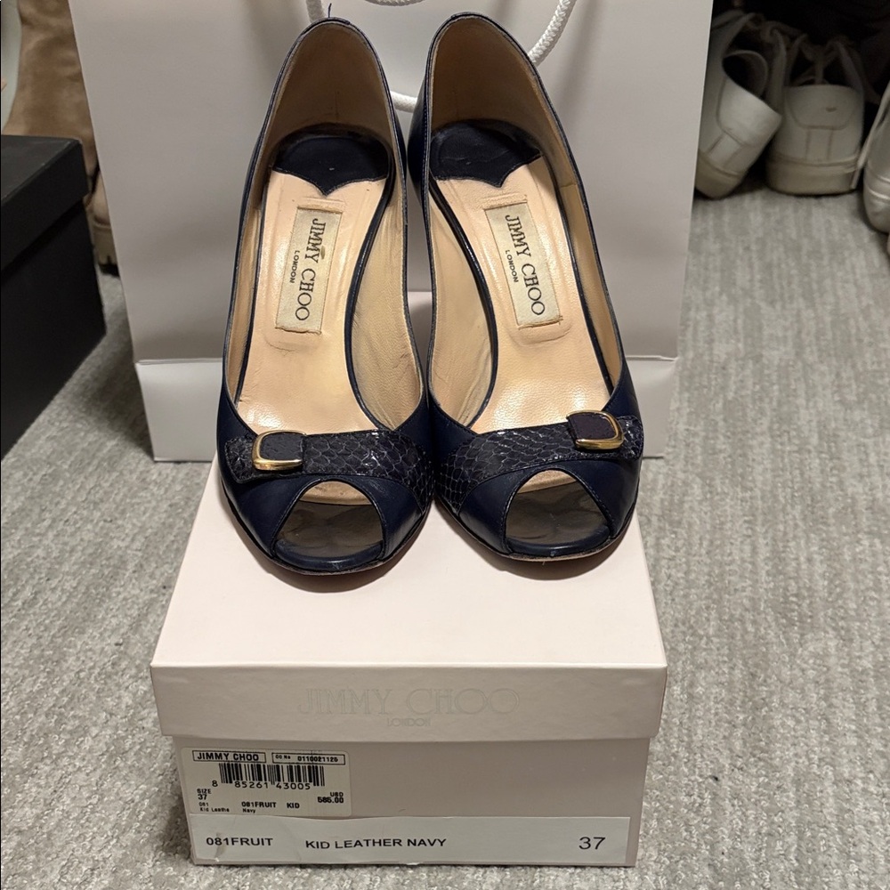Jimmy Choo Navy Peep Toe Heels with Buckle